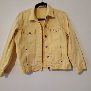 Chicos Jacket Women's Denim Butter Yellow Distressed 4 Pockets Size 1 Medium